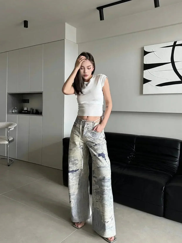2024 New Camouflage Cargo Pants Jeans Straight Hot Girl Slimming High Waist Loose Mop Wide Leg