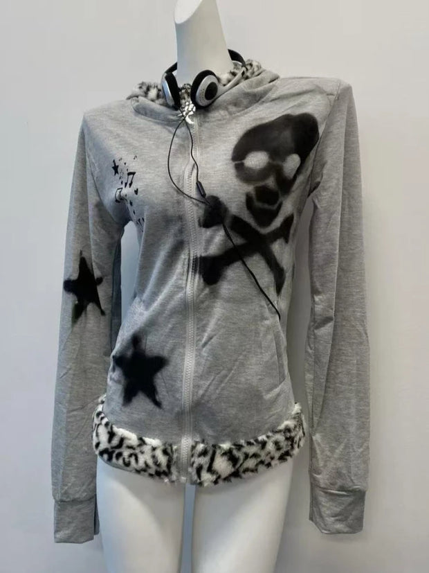 American Retro Print Punk Blouse Long Sleeves Y2k Top Women Hip Hop Zipper T-shirt Hooded Sweatshirt Spring European Fashion
