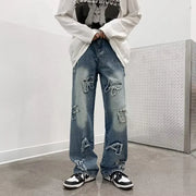 Jeans for Men Patchwork Letter Hip Hop Straight Wide Leg Fashion High Street Y2k Harajuku Do-old Popular Shopper Gradient Baggy