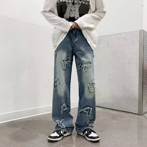 Jeans for Men Patchwork Letter Hip Hop Straight Wide Leg Fashion High Street Y2k Harajuku Do-old Popular Shopper Gradient Baggy