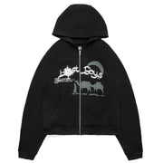 Y2K Rhinestone Cobweb Zip Up Oversized Sweatshirt 2022 Autumn Goth Hoodie Men Women Grunge Hooded Jacket Streetwear Y2K Clothing
