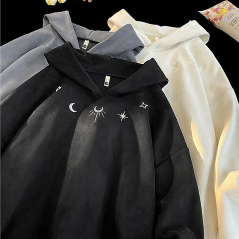 Men's hooded sweatshirt, oversized baggy sweater with Gothic star logo, American hip hop fashion sweatshirt, gray, winter
