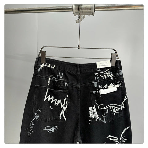 American Hip Hop Baggy Jeans Mens Clothing Streetwear Paint Graffiti Black Skateboard Street Dance Pants Kpop Denim Trousers