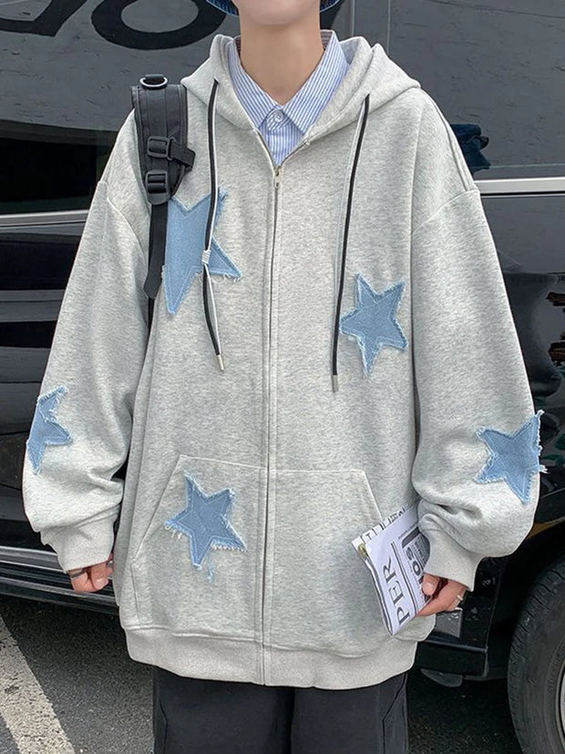 Y2k Hip Hop Women's Star Patch Zip Up Hoodie for Women Oversized Sweatshirt Jacket E-Girl 90s Pullover Gothic Streetwear