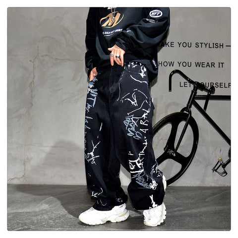 American Hip Hop Baggy Jeans Mens Clothing Streetwear Paint Graffiti Black Skateboard Street Dance Pants Kpop Denim Trousers