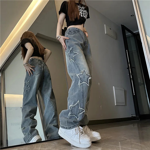 Blue Embroidered Jeans Women, Spring and Autumn New Design, Niche Loose Straight Wide-Leg Pants Trend
