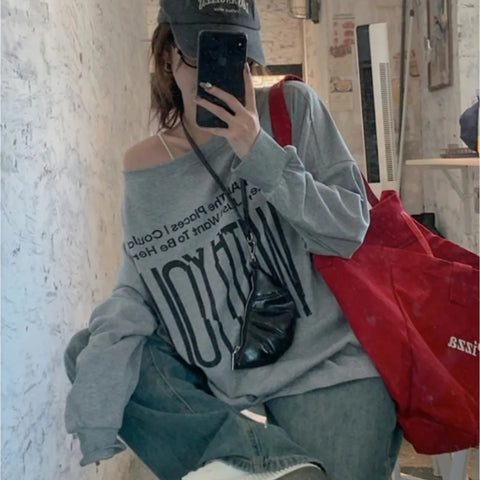 T-Shirts Women Off-shoulder Loose Fit Lazy Style All-match Young Students High Street Korean Fashion Spring Daily Tops Trendy