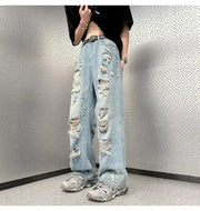 Vintage Distressed Straight-leg Jeans American Style Slimming Bell Bottoms Loose Fit High-waisted Summer Thin Version For Men