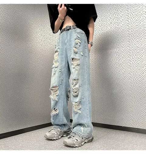 Vintage Distressed Straight-leg Jeans American Style Slimming Bell Bottoms Loose Fit High-waisted Summer Thin Version For Men