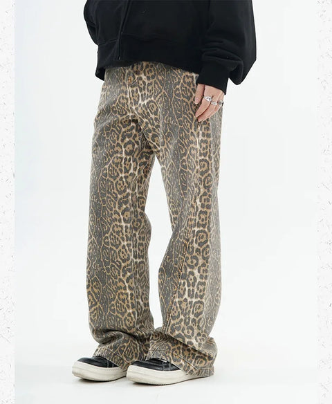 American Retro Leopard High Waist Baggy Jeans Womens Casual Pockets Hip-hop Pants 2024 Spring Y2K Oversize Panther Denim Trouser