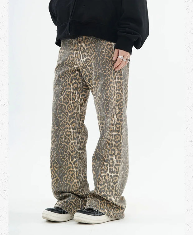 American Retro Leopard High Waist Baggy Jeans Womens Casual Pockets Hip-hop Pants 2024 Spring Y2K Oversize Panther Denim Trouser