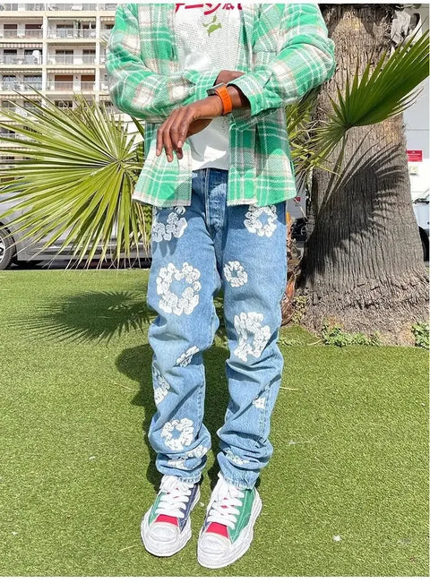 Korean Style Fashionable Embroidery Slim Fit Men's Jeans Casual Versatile Draped Straight Leg Denim Pants From China