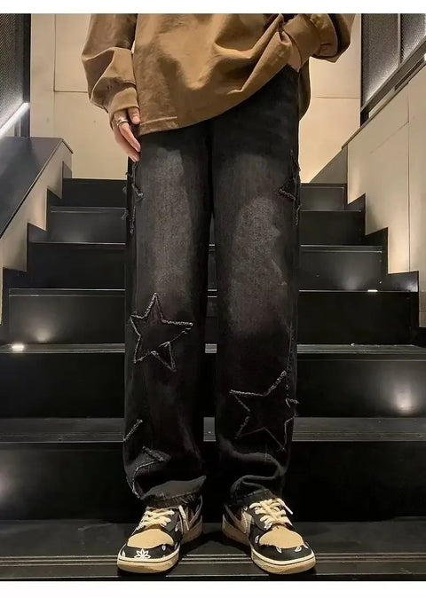 American High Street Style Men's Jeans Autumn Winter Straight Leg Loose Floor-Length Wide Leg Pants Casual Fashion