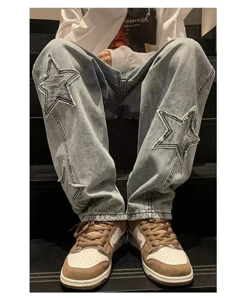 American High Street Style Men's Jeans Autumn Winter Straight Leg Loose Floor-Length Wide Leg Pants Casual Fashion
