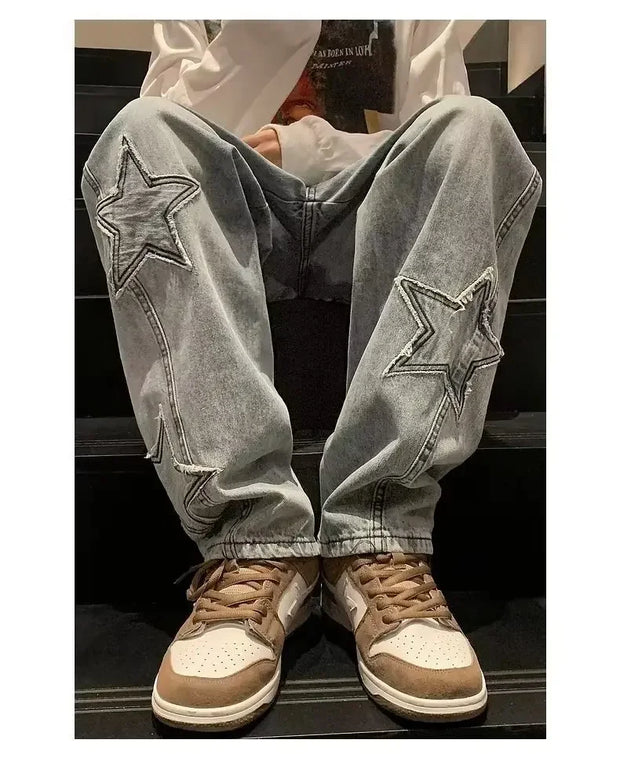 American High Street Style Men's Jeans Autumn Winter Straight Leg Loose Floor-Length Wide Leg Pants Casual Fashion