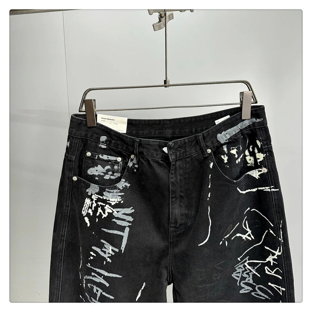 American Hip Hop Baggy Jeans Mens Clothing Streetwear Paint Graffiti Black Skateboard Street Dance Pants Kpop Denim Trousers