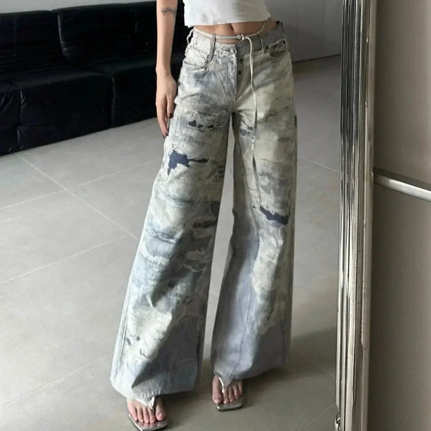 2024 New Camouflage Cargo Pants Jeans Straight Hot Girl Slimming High Waist Loose Mop Wide Leg