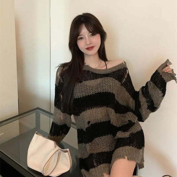 Korean Loose Hole Hollow Out Sweaters Spring Autumn Women's Clothing New Fashionable Trend Long Sleeve Striped Knitted Pullover
