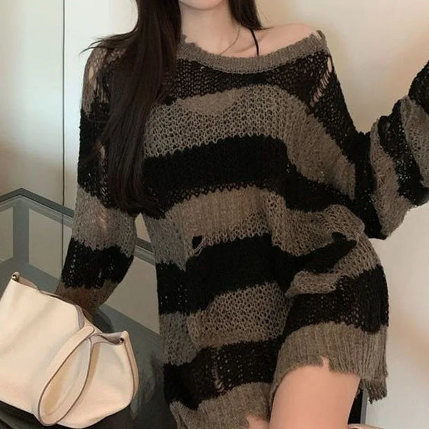 Korean Loose Hole Hollow Out Sweaters Spring Autumn Women's Clothing New Fashionable Trend Long Sleeve Striped Knitted Pullover