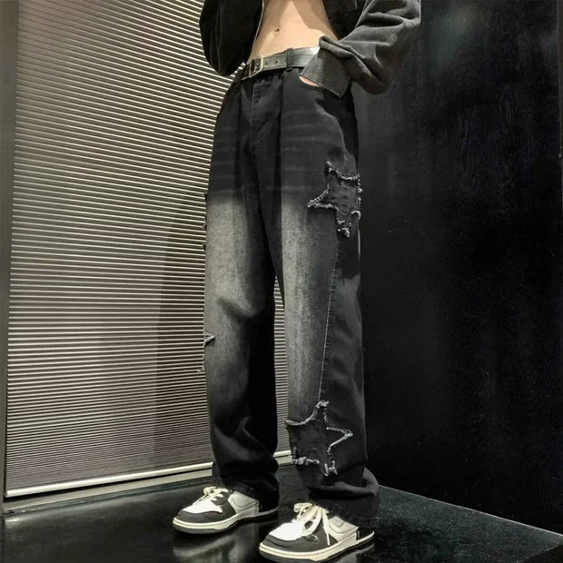 Hip Hop High Street Baggy Denim Trousers 2025 Men Star Embroidery Straight Casual Jeans Male New Fashion Straight Wide Leg Jeans