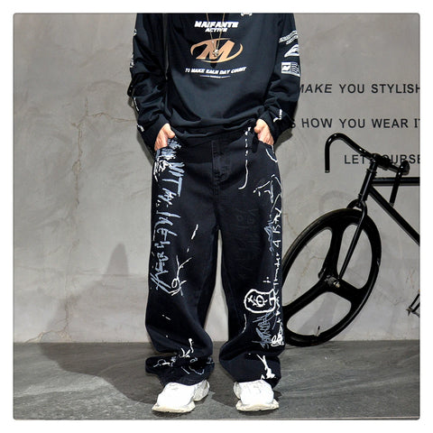 American Hip Hop Baggy Jeans Mens Clothing Streetwear Paint Graffiti Black Skateboard Street Dance Pants Kpop Denim Trousers