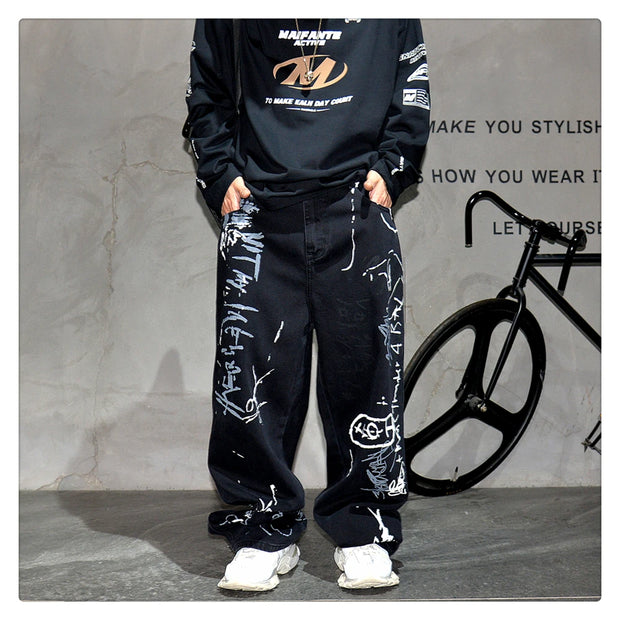 American Hip Hop Baggy Jeans Mens Clothing Streetwear Paint Graffiti Black Skateboard Street Dance Pants Kpop Denim Trousers