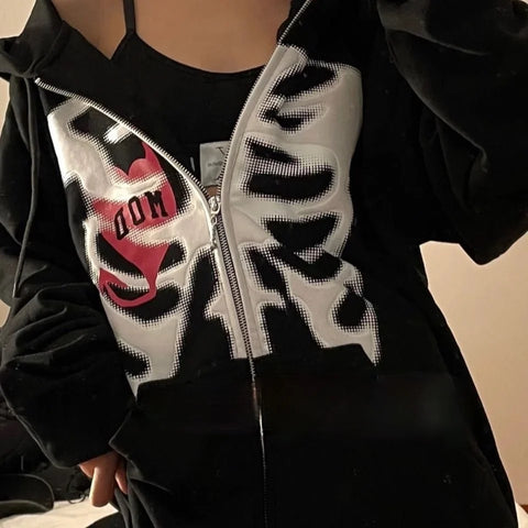 Y2K Rhinestone Cobweb Zip Up Oversized Sweatshirt 2022 Autumn Goth Hoodie Men Women Grunge Hooded Jacket Streetwear Y2K Clothing