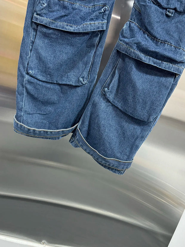 VGH Streetwear Loose Cargo Trousers for Women High Waist Spliced Pockets Washed Punk Style Wide Leg Pants Female Spring Clothes