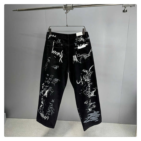 American Hip Hop Baggy Jeans Mens Clothing Streetwear Paint Graffiti Black Skateboard Street Dance Pants Kpop Denim Trousers