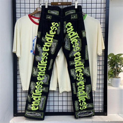 Letter Embroidery Jeans for Men High Street Gothic Style Streetwear Men Straight Baggy Causal Denim Trousers Unisex Spring