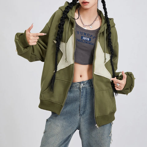 Winter Casual Hooded Coat Women Long Sleeve Star Print Zip Up Drawstring Hoodie Gothic Loose Outwear