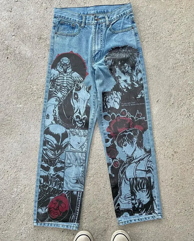 Harajuku Anime Graphic wide leg jeans High Waist Jeans Pants Women new Japanese Style Streetwear Y2K Jeans for Men Wide Trouser