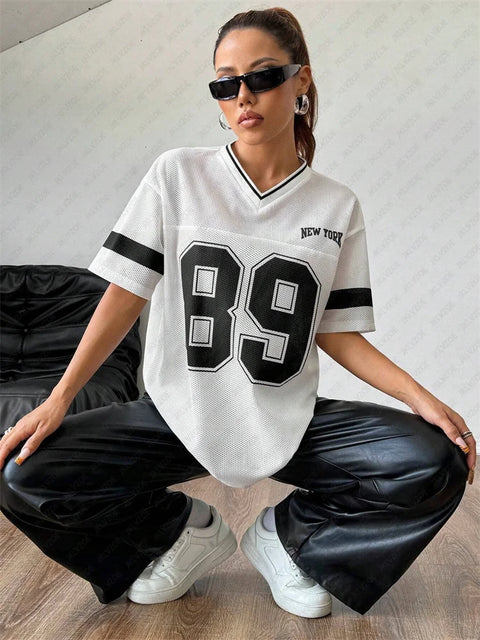 New York Number 89 TShirt For Men Women Striped V-Neck Tee Summer Oversized Harajuku Trend Short Sleeve Streetwear Tops Unisex