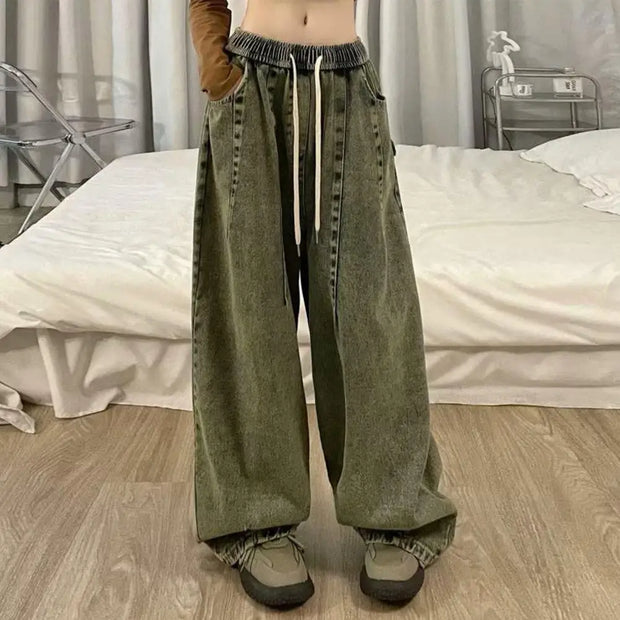Unisex Denim Jeans Loose Jeans Vintage Wide Leg Denim Jeans with Elastic Waist Crotch Pockets Women's Streetwear Fashion for Hop