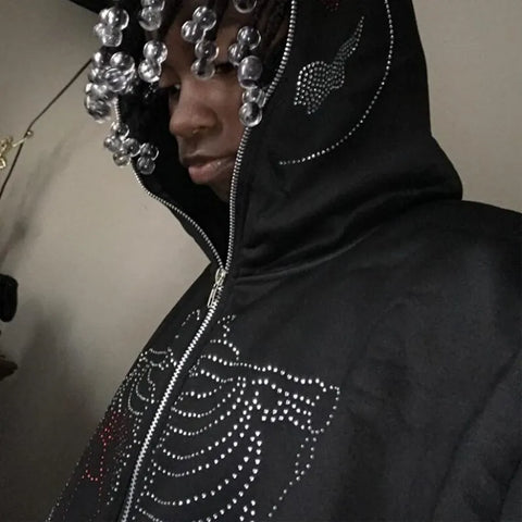 Y2K Rhinestone Cobweb Zip Up Oversized Sweatshirt 2022 Autumn Goth Hoodie Men Women Grunge Hooded Jacket Streetwear Y2K Clothing