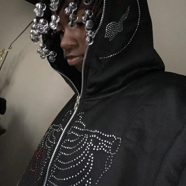 Y2K Rhinestone Cobweb Zip Up Oversized Sweatshirt 2022 Autumn Goth Hoodie Men Women Grunge Hooded Jacket Streetwear Y2K Clothing