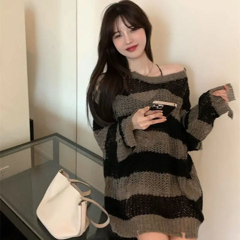 Korean Loose Hole Hollow Out Sweaters Spring Autumn Women's Clothing New Fashionable Trend Long Sleeve Striped Knitted Pullover