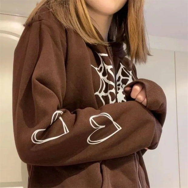Y2K Rhinestone Cobweb Zip Up Oversized Sweatshirt 2022 Autumn Goth Hoodie Men Women Grunge Hooded Jacket Streetwear Y2K Clothing