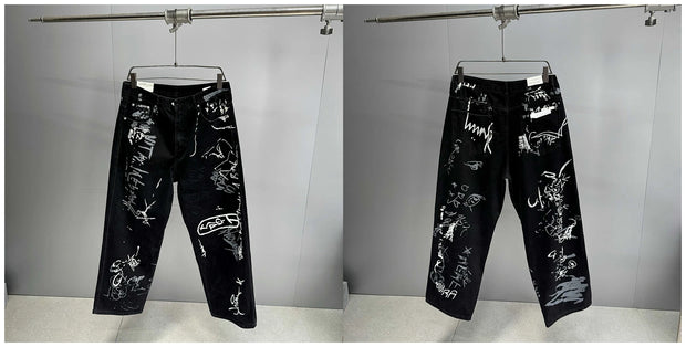 American Hip Hop Baggy Jeans Mens Clothing Streetwear Paint Graffiti Black Skateboard Street Dance Pants Kpop Denim Trousers