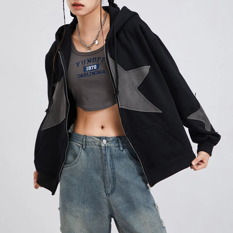 Winter Casual Hooded Coat Women Long Sleeve Star Print Zip Up Drawstring Hoodie Gothic Loose Outwear