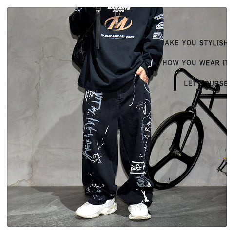 American Hip Hop Baggy Jeans Mens Clothing Streetwear Paint Graffiti Black Skateboard Street Dance Pants Kpop Denim Trousers