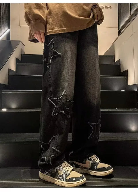 American High Street Style Men's Jeans Autumn Winter Straight Leg Loose Floor-Length Wide Leg Pants Casual Fashion