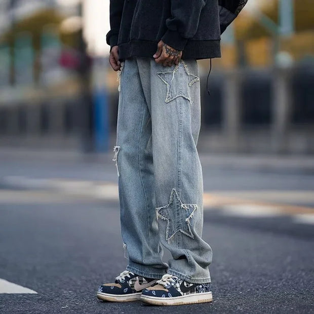 Hip Hop High Street Baggy Denim Trousers 2025 Men Star Embroidery Straight Casual Jeans Male New Fashion Straight Wide Leg Jeans
