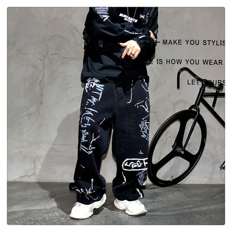 American Hip Hop Baggy Jeans Mens Clothing Streetwear Paint Graffiti Black Skateboard Street Dance Pants Kpop Denim Trousers
