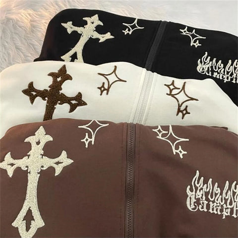 Embroidered Vintage Cardigan Jacket Autumn Winter Hip Hop Hoodie Men and Women Y2K Coat Goth High Street Retro Hoodies Loose Top