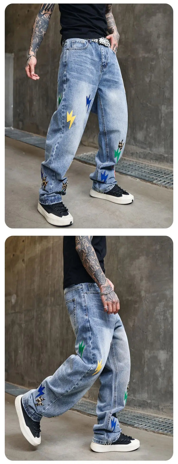 Trousers Straight Man Cowboy Pants with Print Men's Jeans Hip Hop Star Cotton 2025 Trend Stacked 90s Streetwear Y2k Vintage Kpop