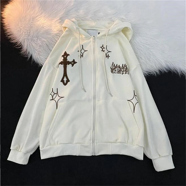 Embroidered Vintage Cardigan Jacket Autumn Winter Hip Hop Hoodie Men and Women Y2K Coat Goth High Street Retro Hoodies Loose Top