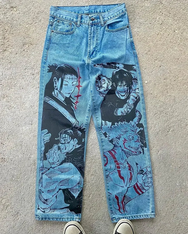 Harajuku Anime Graphic wide leg jeans High Waist Jeans Pants Women new Japanese Style Streetwear Y2K Jeans for Men Wide Trouser