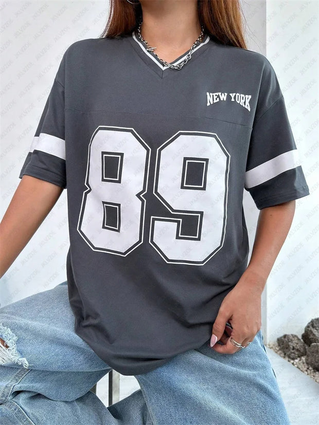New York Number 89 TShirt For Men Women Striped V-Neck Tee Summer Oversized Harajuku Trend Short Sleeve Streetwear Tops Unisex