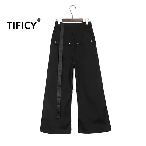 High Street Men's and Women's Dark RO Wide Leg Zipper Loose Straight Tube Micro Flared Casual Pants Men Clothing